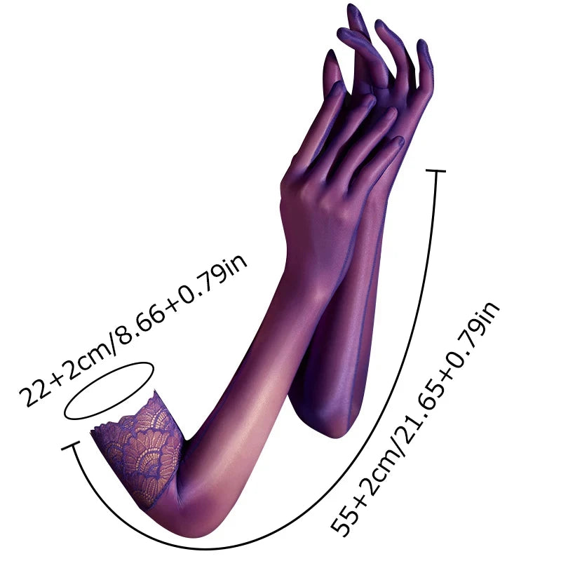 Step into a world of adventure with these daring shiny, oily gloves!