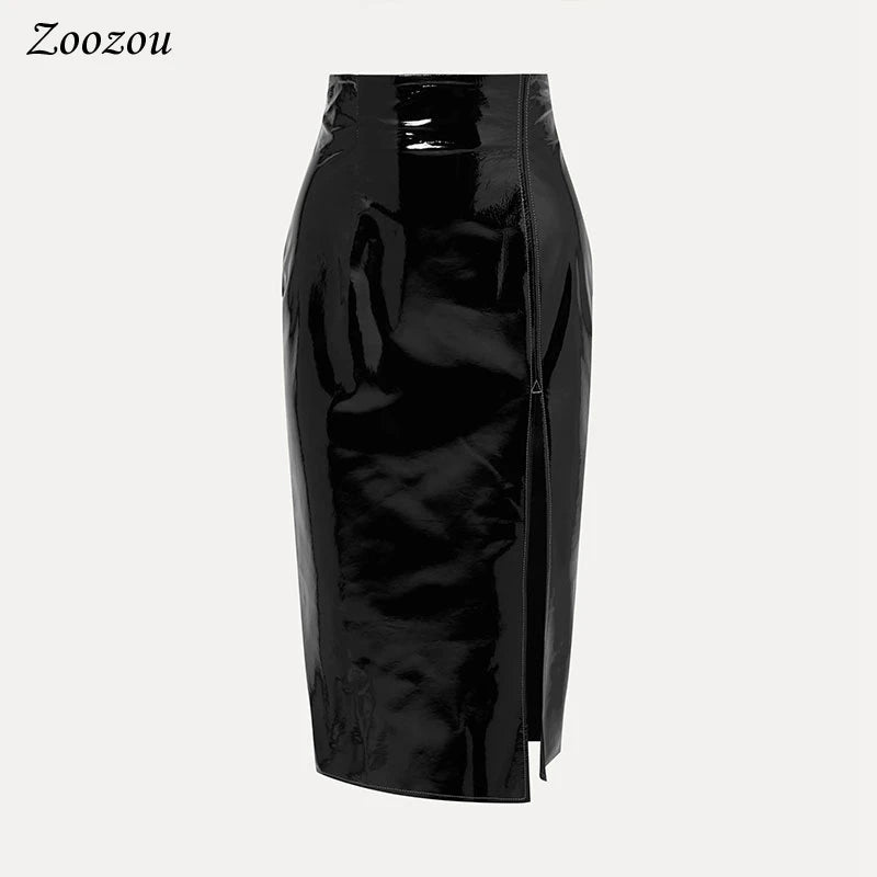 Experience the perfect combination of elegance and sexiness with this stunning sexy Patent Leather Midi Skirt!