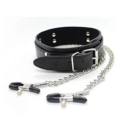 Faux Leather Choker Collar with Nipple Clamp - a tantalizing addition to your bedroom routine.