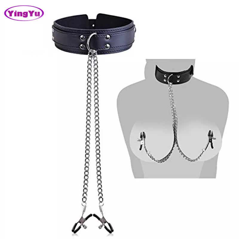 Faux Leather Choker Collar with Nipple Clamp - a tantalizing addition to your bedroom routine.