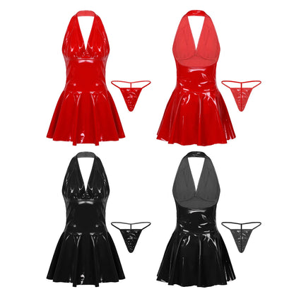 Experience the ultimate in style and confidence with our sexy Faux Leather Latex Pleated Dress