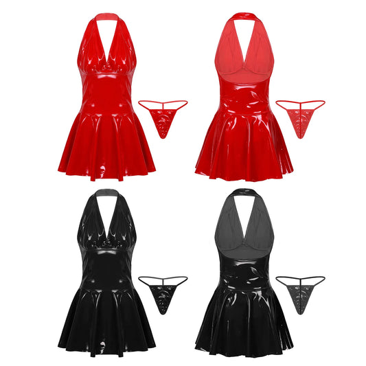 Experience the ultimate in style and confidence with our sexy Faux Leather Latex Pleated Dress