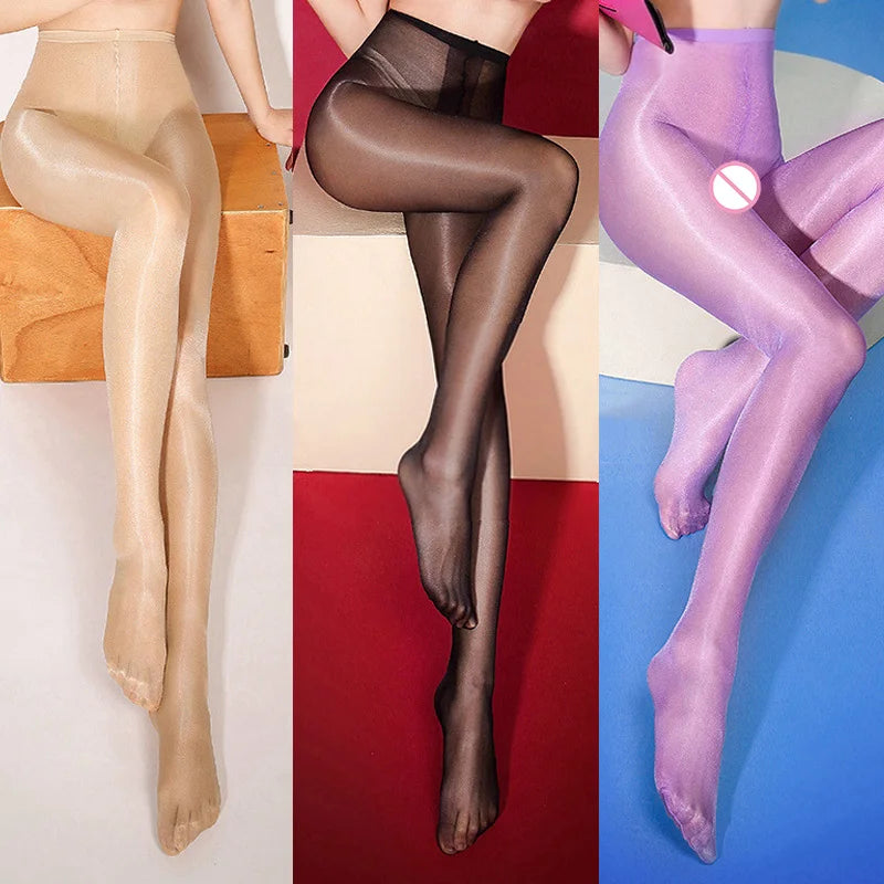 Sexy Crotchless 30 Deniers Shiny High Waist Tights in 11 Colors