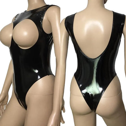 Indulge in the intoxicating allure our Sexy Patent Leather Cupless and Crotchless Leotard.