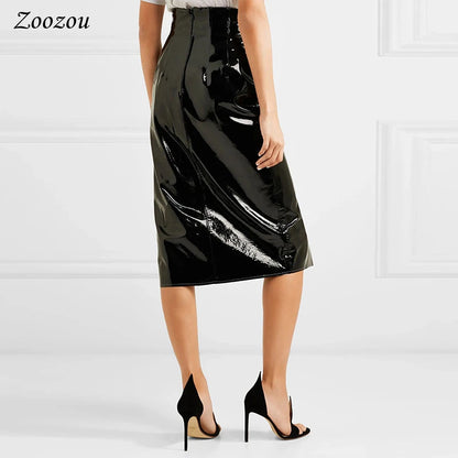 Experience the perfect combination of elegance and sexiness with this stunning sexy Patent Leather Midi Skirt!