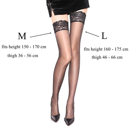 Embark on your next adventure with these Black/White Shiny Lace Hold Ups