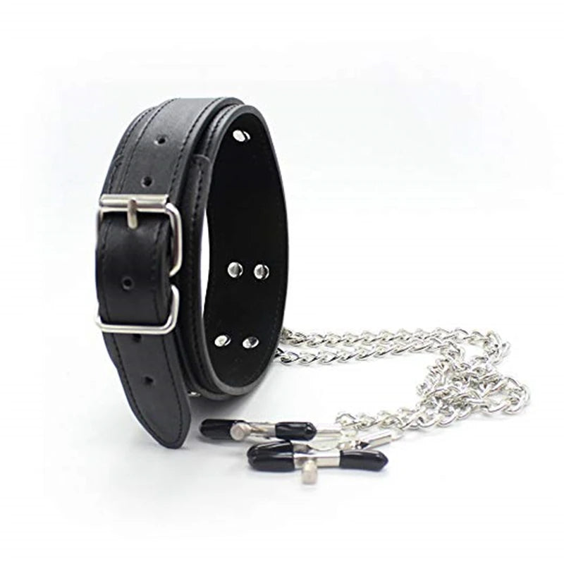 Faux Leather Choker Collar with Nipple Clamp - a tantalizing addition to your bedroom routine.