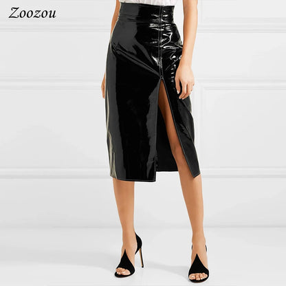 Experience the perfect combination of elegance and sexiness with this stunning sexy Patent Leather Midi Skirt!