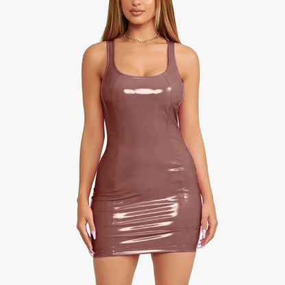 Experience the ultimate in style and confidence with our Sleeveless Faux Latex Mini Dress