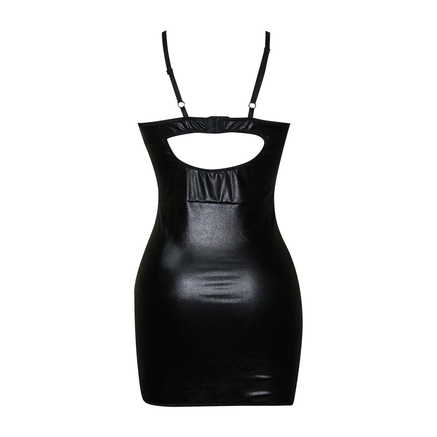 Sexy faux leather mini dress with a beautiful bra section and mesh insert at the front