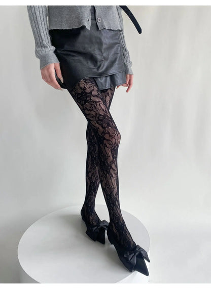 Conquer the day with these Mesh Tights featuring a stunning Lace Floral Pattern