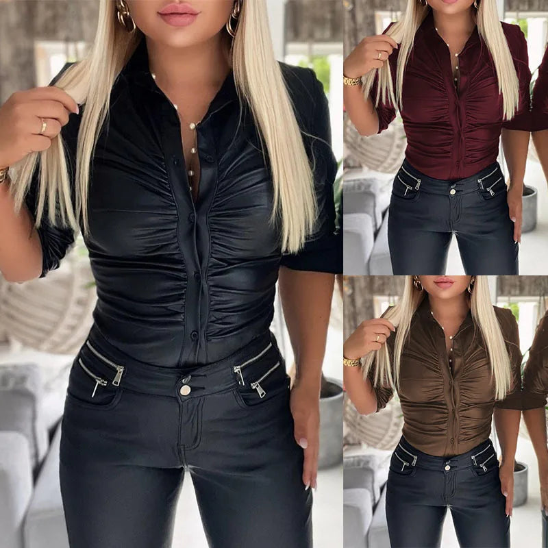 Stylish and sophisticated top in a cool leather look in three great colors