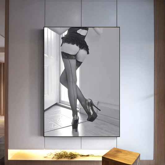 Indulge in the allure of a seductive woman draped in black lingerie on canvass