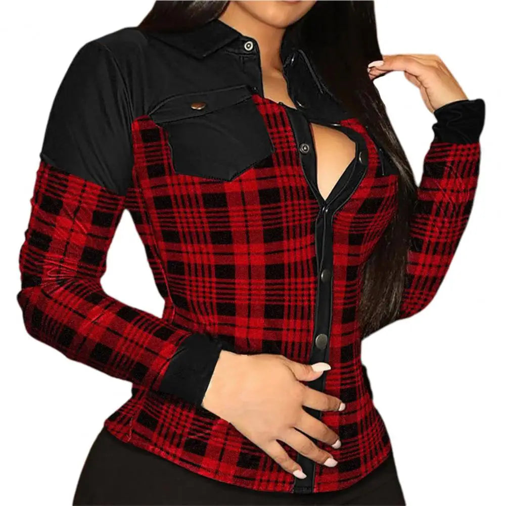 Sexy, Faux-Leather Ladies Blouse with Zipper