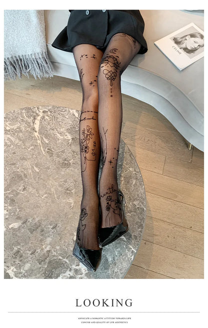 Experience the alluring charm of our sexy 30D printed tights with mesh design!