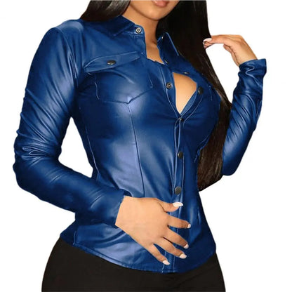 Sexy, Faux-Leather Ladies Blouse with Zipper