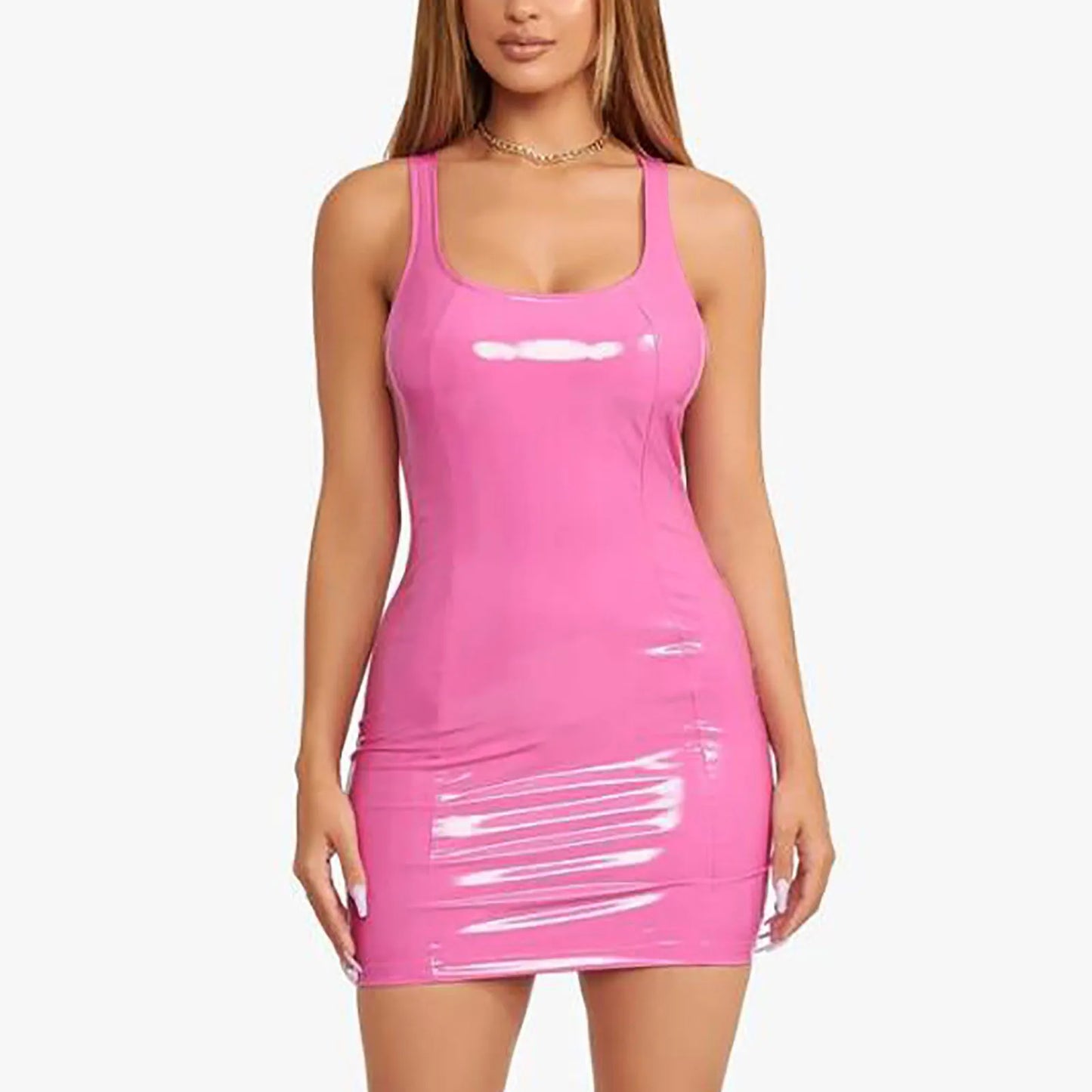 Experience the ultimate in style and confidence with our Sleeveless Faux Latex Mini Dress