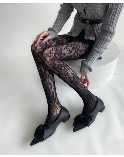 Conquer the day with these Mesh Tights featuring a stunning Lace Floral Pattern