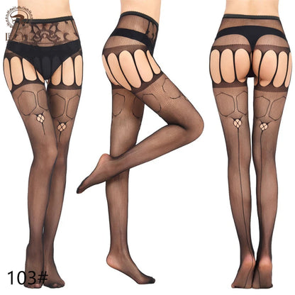 Show off your adventurous side with these seductive Stockings featuring an open crotch and fishnet pattern.