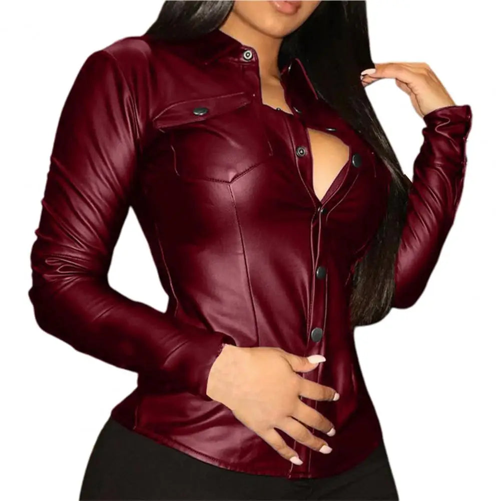 Sexy, Faux-Leather Ladies Blouse with Zipper