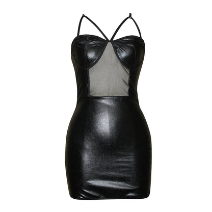 Sexy faux leather mini dress with a beautiful bra section and mesh insert at the front