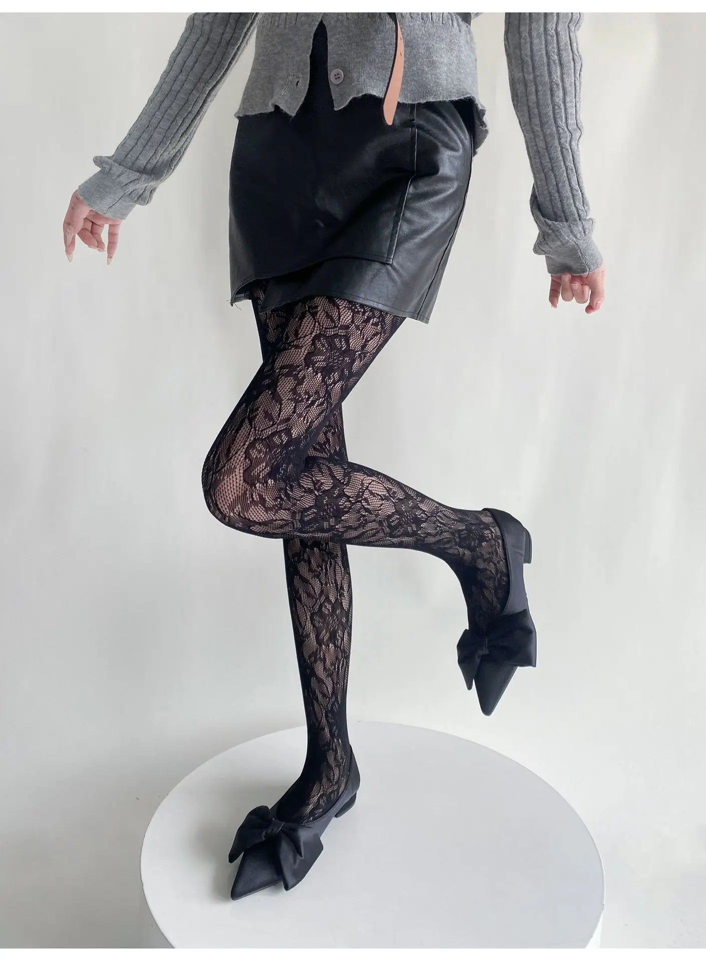 Conquer the day with these Mesh Tights featuring a stunning Lace Floral Pattern