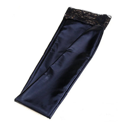 Indulge in these ravishing hot Black Leather Latex Knee High Silk Stockings