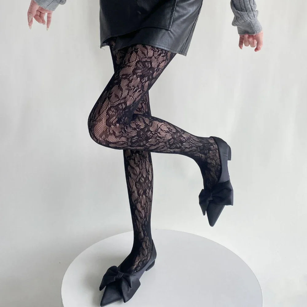 Conquer the day with these Mesh Tights featuring a stunning Lace Floral Pattern